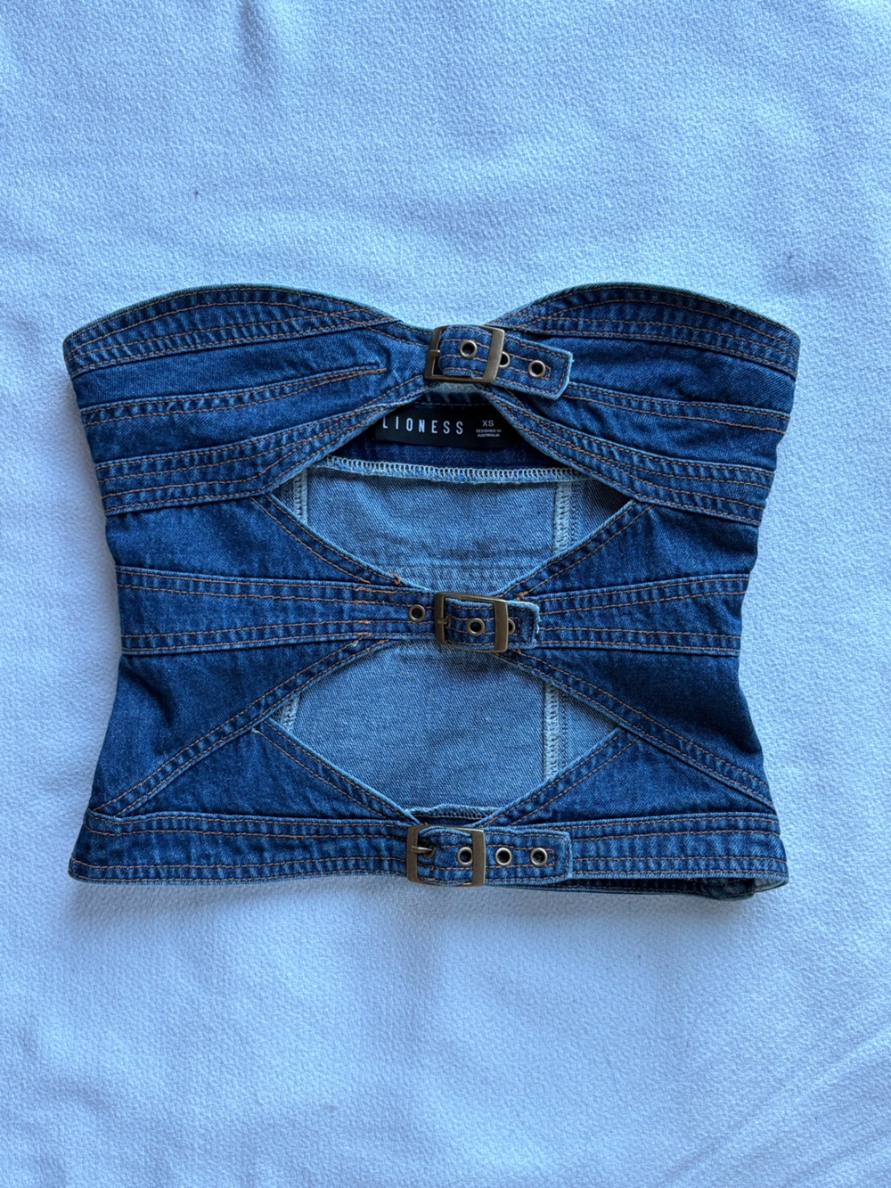 Lioness Blue Denim Cutout Bustier with Buckle Accents